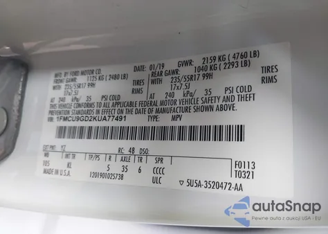 2019 Ford Escape Se from USA, damaged, VIN 1FMCU9GD2KUA77491